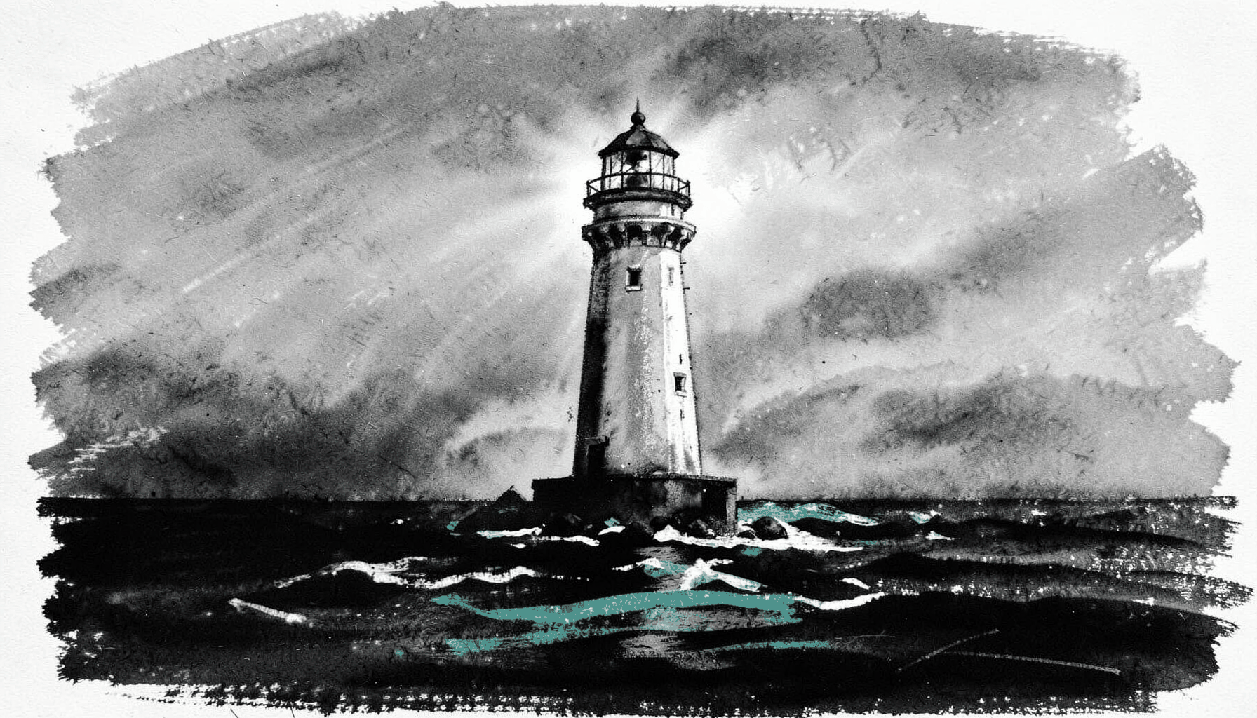 A bold charcoal drawing of a lighthouse beacon cutting through dense fog over dark water, with layered gray washes.