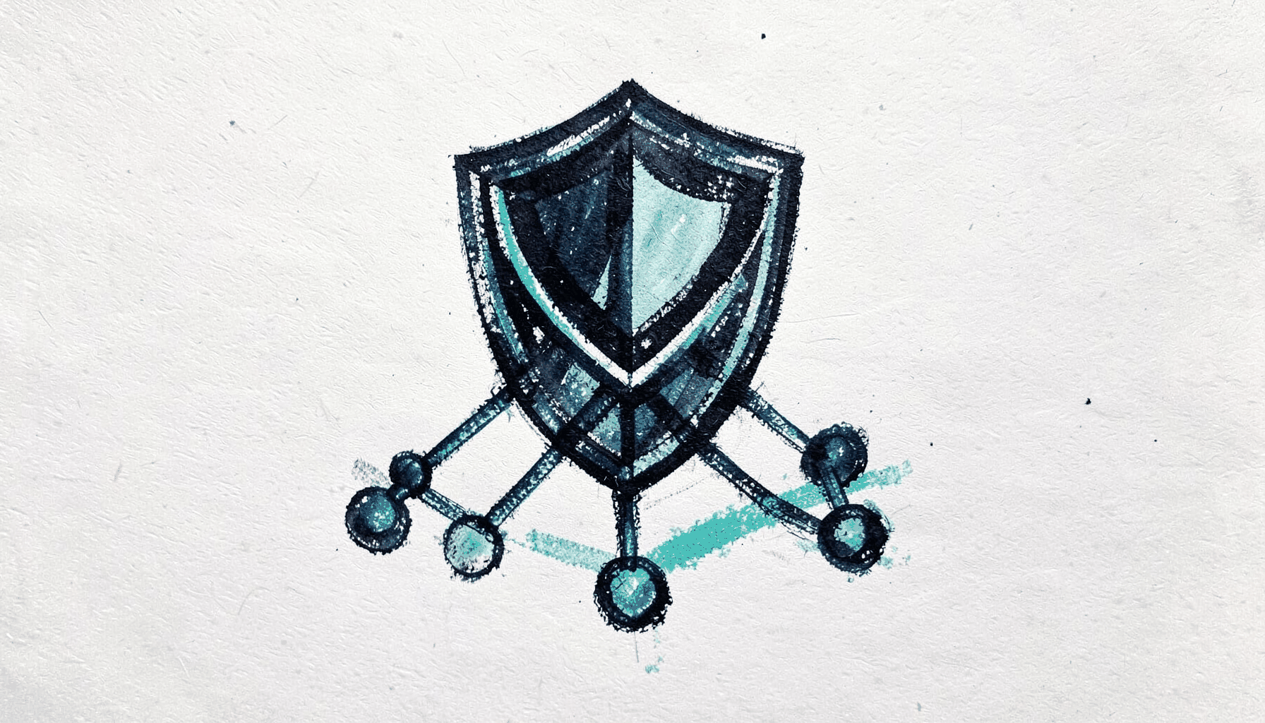 A bold charcoal drawing of a stylized shield emblem representing cyber security tools.
